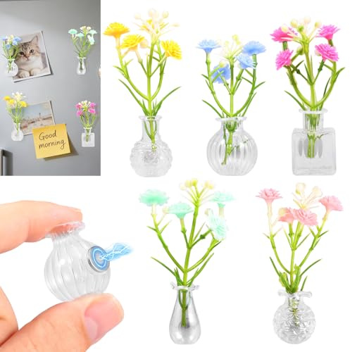 5Pcs Mini Vase Magnets for Fridge, Tiny Magnetic Bud Vases with Artificial Flower, DIY Vase Magnets for Flower and Succulents, Funny Plant Pot Magnet for Refrigerator, Locker, Office and Kitchen Decor