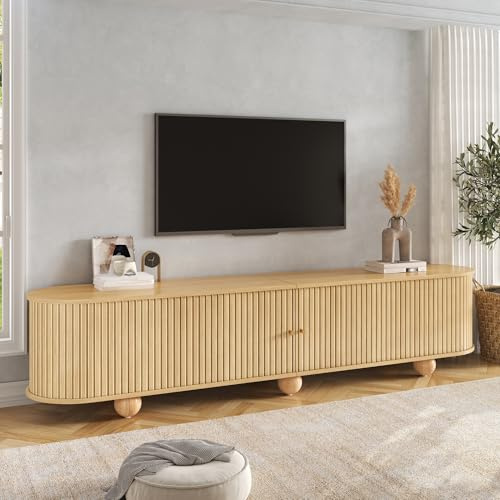 VIVCA Mueble bajo, mueble de TV, muebles de TV retro, puertas correderas estriadas verticales, patas esféricas, muebles de salón, natural