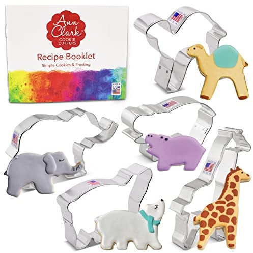 Ann Clark Cookie Cutters Ensemble de 5 emporte-pièces animaux du zoo avec livret de recettes, éléphant extra large, girafe, hippo, ours polaire, singe