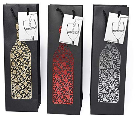 EVG 6 Pack Black Wine Gift Bags with Gift Tag and Handles | Floral Bottle Design | Bottle Carrier | H: 39 cm x W: 12 cm x D: 9 cm