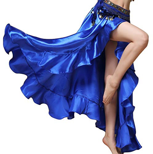 Satin-Rüschen, Swing-Röcke, Bauchtanz-Kostüm, Flamenco-Stil, Seitenschlitz, Maxi-Kleid, marineblau, Einheitsgröße