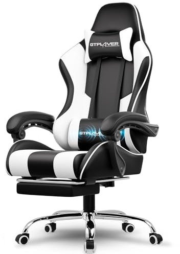 LUCKRACER Gaming Chair Massage With Footrest Ergonomic Computer Chairs High Back Support Height Adjustable Reclining Heavy Duty PC Chair (Faux Leather, White)