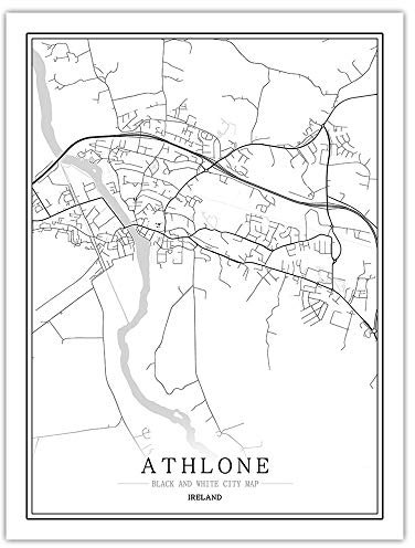 SONG Leinwand Bild, Irland Athlone Stadtplan Schwarz Weiß Einfache Minimalistische Kunst Wandplakat Rahmen Weniger Bild, Moderne Vertikale Malerei Cafe Office Home Decor,70 * 100cm