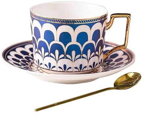 XUDREZ European Style Cup Tea Cup and Saucer Set, 8.5oz/250ml Bone China Coffee Tea Cups with Saucer and Golden Spoon (Blue)
