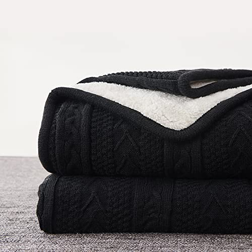 AONELAS Longhui bedding Black 50 x 63 Inches Acrylic Cable Knit Sherpa Throw Blanket - Thick, Soft, Big, Cozy Knitted Fleece Blankets for Couch, Sofa, Bed - Large Coverlet All Season