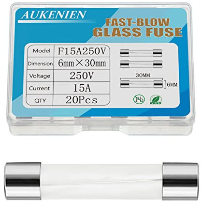 AUKENIEN 15A 15 Ampere 250V Glassicherung 6x30MM Sicherungen Glasrohrsicherung Feinsicherung Schnelle Schlag Glas Sicherung