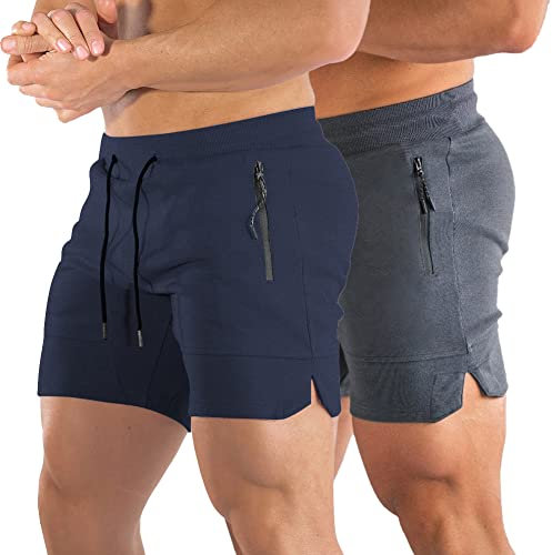 PIDOGYM Herren 12,7 cm Fitness-Shorts, taillierte Jogginghose für Bodybuilding, Laufen, Training mit Reißverschlusstaschen, Dunkelgrau und Marineblau, Mittel