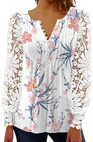 Onsoyours Chemisier Femme Sexy Elégante Hauts À Manches Longues Dentelle Ample Tunique Blouse Chic Mode Col V Shirt Tops Imprimé Automne Pullover A Rose Clair XL