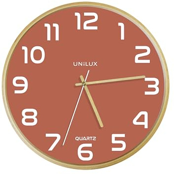 Unilux Moderne Holzrahmen Wanduhr Baltic, Rotes Ziffernblatt 31cm, Ohne Ticken