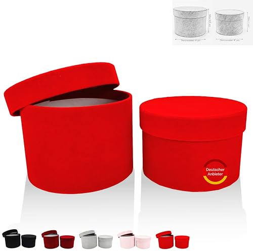 FleurDekoer 2er Set Geschenkboxen Rund mit Deckel [Samt] Flowerbox Schachtel für Blumen Schokolade für Geburtstag Hochzeit Weihnachten Muttertag Valentinstag | 5 Farben (rot)