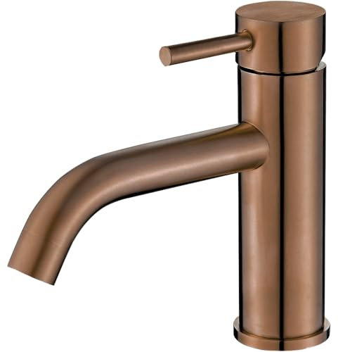 VALAZ Grifo Lavabo Rosa Cepillado Protección PVD | Grifo Monomando Lavabo, Mezclador Agua Fría y Caliente, Ahorro de Agua | Instalación Facil y Rápida | Latón, Inoxidable, Elegante, Serie Jabalon