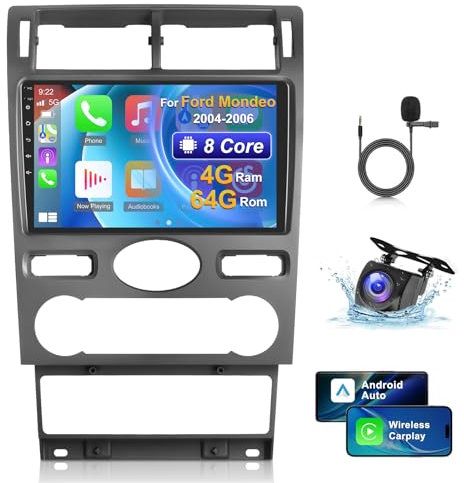 NHOPEEW Android Autoradio 2+64G für Ford Mondeo 2004-2007 mit Carplay und Android Auto - WiFi GPS EQ 28 Desktop Themen RDS FM + Rückfahrkamera & Mikrofon
