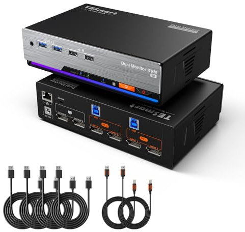 TESmart 8K@60Hz DisplayPort KVM Switch 2 PC 2 Monitor USB 3.0 DP 1.4 kvm-switch Dual Monitor 4K@144Hz Für Gaming Dock, Unterstützt EDID, Gigabit Netzwerk, Hotkey Switch, Audio Mikrofon, mit PC Kabel