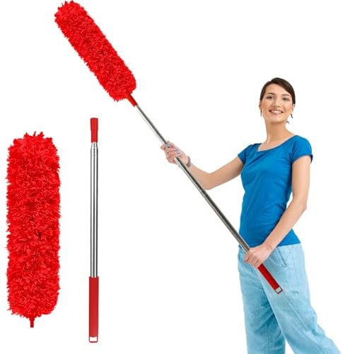 Fogray Extendable Feather Duster, Bendable Microfiber Dusters with Extra Long Telescopic Extension Pole and Soft Silicone Cap, Washable for Cleaning Roof, High Ceiling Fan, Blinds(Red)