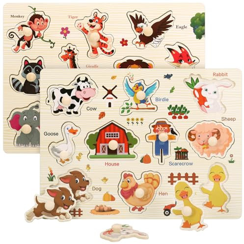 2 Set Wooden Puzzles for Kids 3-6 Year Olds, Chunky Child Farm Animals Peg Puzzle, Educational Jigsaw for Preschool (Classic)