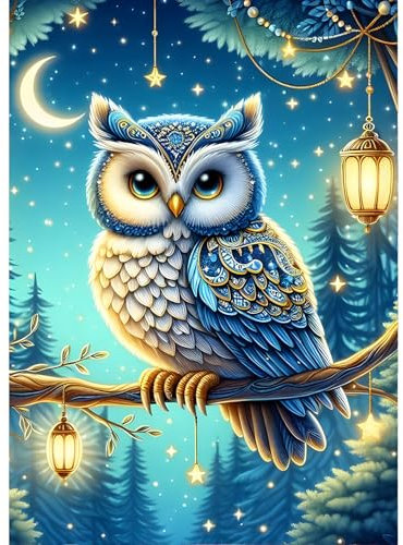 QINRUBB DIY Eule Diamond Painting Erwachsene, 5D Laternen Diamant Painting Bilder Anfänger, Mondnacht Runder Vollbohrer Diamanten Malerei Stickerei Kreuzstich Geschenke Home Wand Dekor 30x40cm