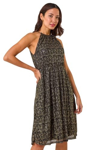 Roman Blouson Halter Neck Stretch Midi Dress for Women UK - Ladies Spring Everyday Summer Holiday Sleeveless Soft Fit & Flare Comfy Woven Frock Dinner Date Gowns - Gold - Size 10