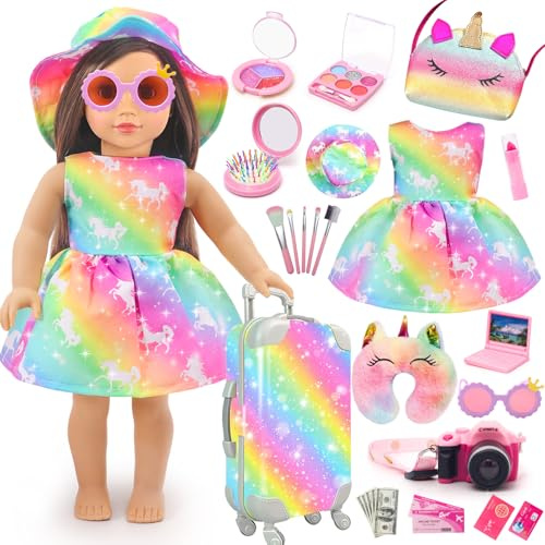 HAPGFS American 18 Inch Doll Accessories Travel Set Brilliant Colors Including Suitcase Luggage and Dress with Hat, Camera, Makeup Sets Dolls Travel Gear Play Set Gift for Birthday (NO Doll)