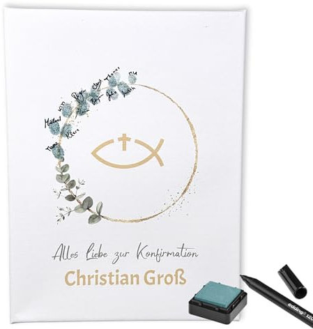 KATINGA Personalisierte Leinwand Fingerabdruck - Eukalyptus Design, inkl. Stempelkissen & Stift (Konfirmation)