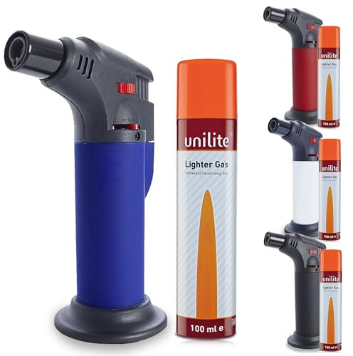 UNILITE Feuerzeug MIT Gas – Sturmfeuerzeug Gas Brenner mit Jet Flamme – nachfüllbar – 100 ml Nachfüllgas im Set – Jetflame – Nachfüller – Elektronik Feuerzeug – In 4 Farben erhältlich (Blau)