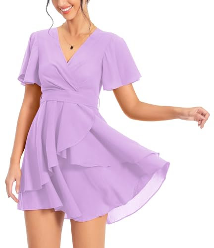 PCEAIIH Women's Cocktail Dresses Short Sleeve Empire Skater Dress Deep V-Neck Waist Tie Ruffle Mini Swing Dresses M Light Purple
