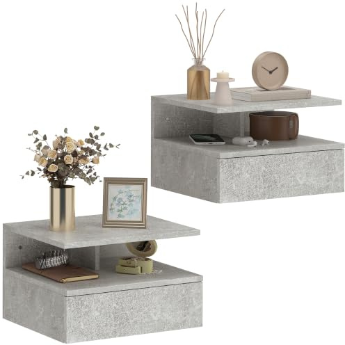 HOMCOM Set da 2 Comodini Sospesi Salvaspazio 35x32x22.5cm Grigio Cemento | per Camera da Letto, per Soggiorno, con Cassetto, Mensola Superiore in Legno