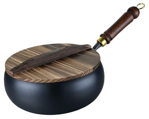 Zymoplas Handgeschmiedete Eisenpfanne, großer Bauchtopf für traditionelle Kochmethoden, handgeschmiedeter großer Bauchtopf mit Holzdeckel für Herde, mit Deckel