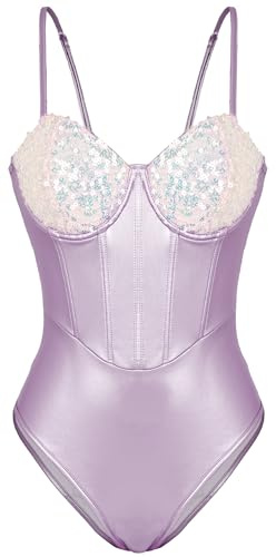 Maeau - Body Damen Ärmellos Sexy Glitzer Korsett Dessous Bodysuit Pailletten Unterwäsche Party Club XL Violett