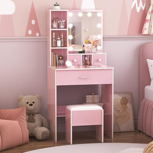 ANCOLOV Dressing Table with Mirror and Stool, 10 LED Light Bulbs Vanity Desk with Storage Shelves & 3 Drawers, Kids Vanity Table and Chair Bedroom Furniture Girls Vanity Set 60cm Pink Makeup Desk