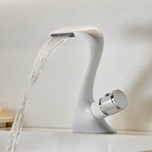 Mitigeur Cascade Lavabo Salle de Bain 1 Manopole Monotrou Robinet Lave Main Eau Chaude et Froide en Cuivre,Blanc