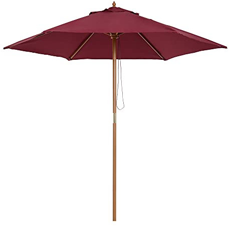 Outsunny 2.5m Wood Garden Parasol Sun Shade Patio Outdoor Wooden Umbrella Canopy, Table Market Umbrella with Vent, 38mm Pole, Rope Pulley Mechanism, Wine Red