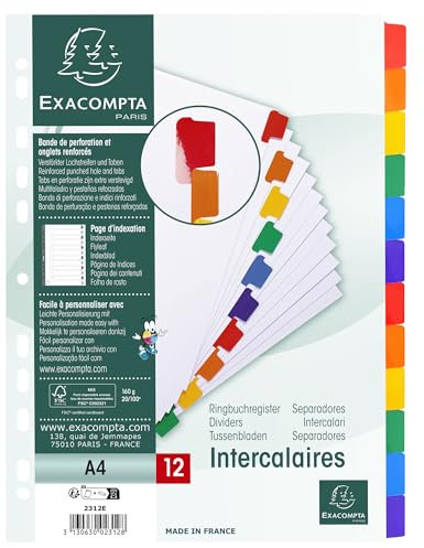 Exacompta 2312E Karton-Register Weiß für DIN A4 aus starkem Karton 12-teilig volle Höhe 22 x 29,7 cm weiße Blätter 2 x 6 farbige und verstärkte Taben zur Ablage von Prospekthüllen Trennblätter