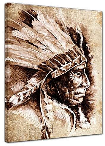 Bilderdepot24 Bild auf Leinwand | Indianer III, Tattoo Art in 50x60 cm als Wandbild | Wand-deko Dekoration Wohnung modern Bilder | 200311