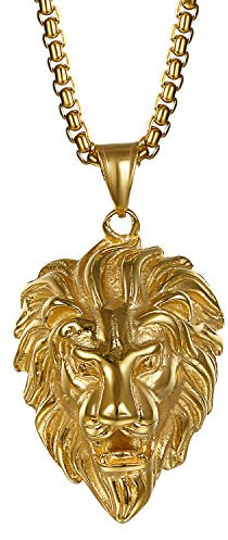 Cupimatch Herren Löwe Anhänger Edelstahl gold, Löwenkopf Biker Anhänger mit 55cm Kette