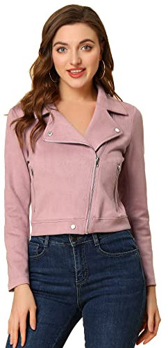 Allegra K Veste de moto courte douce pour femme avec poches zippées en faux daim rose, taille S, rose, S