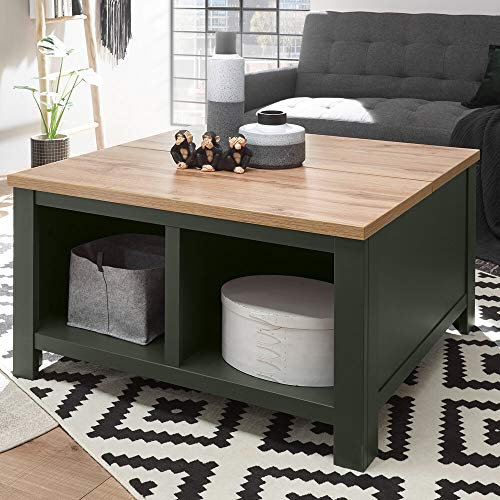 Lomadox Landhaus Couchtisch Beistelltisch mit Klappe, in grün mit Wotaneiche, B/H/T: 92/48/92cm