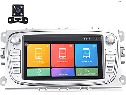 Android 9.0 Autoradio 7 auto stereo per Unità principale Navigazione GPS WIFI Bluetooth Ricevitore FM Dual USB per Ford Focus Mondeo C-MAX S-MAX Galaxy II Kuga con telecamera posteriore (Argento)