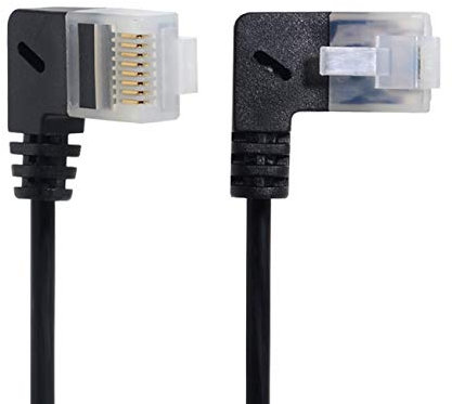 Cablecc - Cable Ethernet Cat6 ultrafino RJ45, ángulo izquierdo a derecho, cable de red UTP de 25 cm, cable de conexión LAN Cat6a de 90 grados para ordenador portátil router TV Box