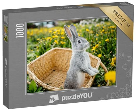 puzzleYOU: Puzzle 1000 Teile „Graues Kaninchen im Korb auf Einer Löwenzahnwiese“ – aus der Puzzle-Kollektion Hasen, Bauernhof-Tiere