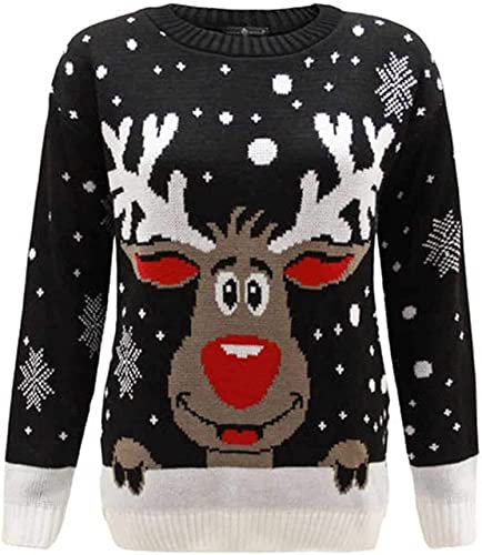 WearAll Women's Knitted Merry Christmas Long Sleeve Xmas Tree Ladies Pom Jumper Rudolph Black 12-14