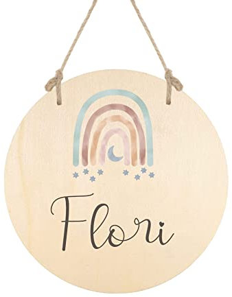 Manufaktur Liebevoll personalisiertes Namensschild aus Holz - Türschild für das Kinderzimmer - Regenbogenmotiv - Geschenk für Jungen
