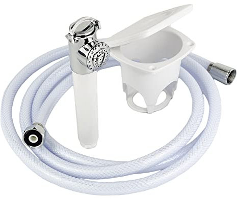 GATE14® Kit de douchette pour Bateaux et Camping-Cars avec Tuyau de 2,5 m douchette à Bouton-Poussoir Boitier Ovale