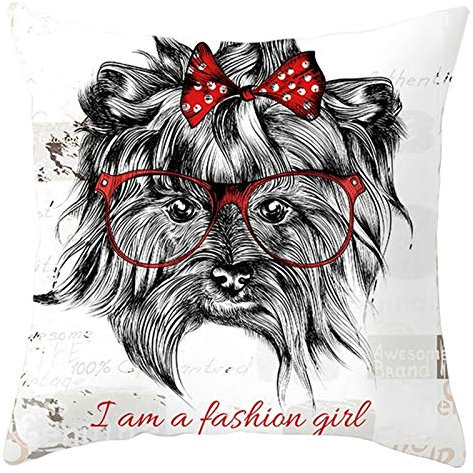 EHOMERY Kissenbezüge Leinen Kissenhülle Velour Ich Bin Fashion Girl Hund Mit Brille Samt Zierkissenbezüge Sofakissen Wasserdicht Outdoor Wohnzimmer Dekoration Weiß Rot 20X20 Inches