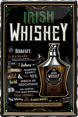 WOGEKA ART Retro Blechschild - Whisky Sorten Steckbrief - Irish Whiskey - als Geschenk-Idee zu Geburtstag Weihnachten zur Deko für Haus-Bar Pub Kneipe 20x30 cm Vintage-Design Metall 931