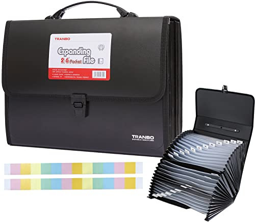 26 Pockets Expanding File Folder Organiser with Handle, TRANBO Plastic Document Wallet for Paperwork A4, Portable Filing Box Files Travel School Office Stationary College Essentials - Black