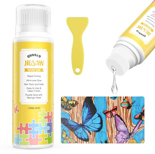 GHHKUD Jigsaw Puzzle Glue, Jigsaw Glue with Sponge Head, Non-Toxic and Quick Dry Puzzle Sealer for 1000/2000/3000 Pieces of Jigsaws-120ML Puzzle Glue Saver Jigsaw Accessories Glue Scrapper Included