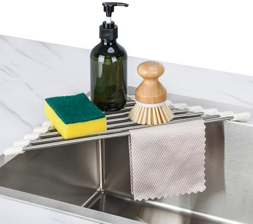 Tomorotec Dreieckiges aufrollbares Abtropfgestell, Spülbeckenecke, klein, faltbar, Edelstahl über der Spüle, Mehrzweck-Küchenabtropfgestell, Organizer, platzsparend, Regalhalter (Kokosmilchweiß)