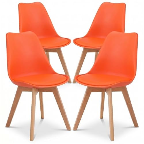Bravich Set Of 4 Rocco Dining Chairs- Orange. Faux Leather Upholstered Dining Chair With Natural Wooden Legs, Cushion Pad Seat & Back Support For Kitchen Table- 42 x 42 x 81cm.