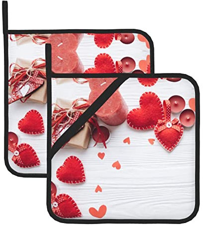 Set di 2 presine da cucina resistenti al calore con cuori rossi fatti a mano Set di 2 presine da cucina antiscivolo resistenti al calore per donne e uomini