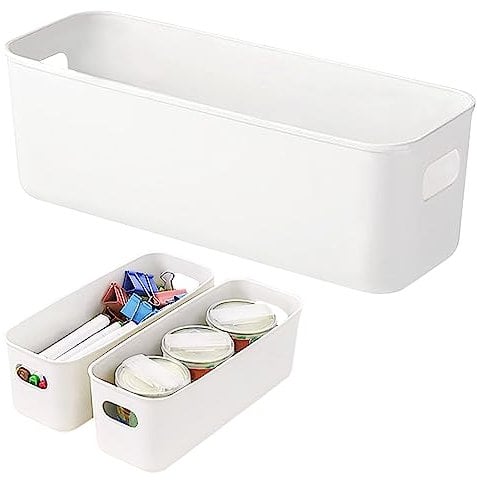 WSAMJIN 3 Pcs Plastic Storage Boxes, Stackable Storage Organiser Boxes Small Containers with Handles for Kitchen, Cupboard, and Bathroom Organizer on Shelves and Tubs-11×4.3×3.5 Inch